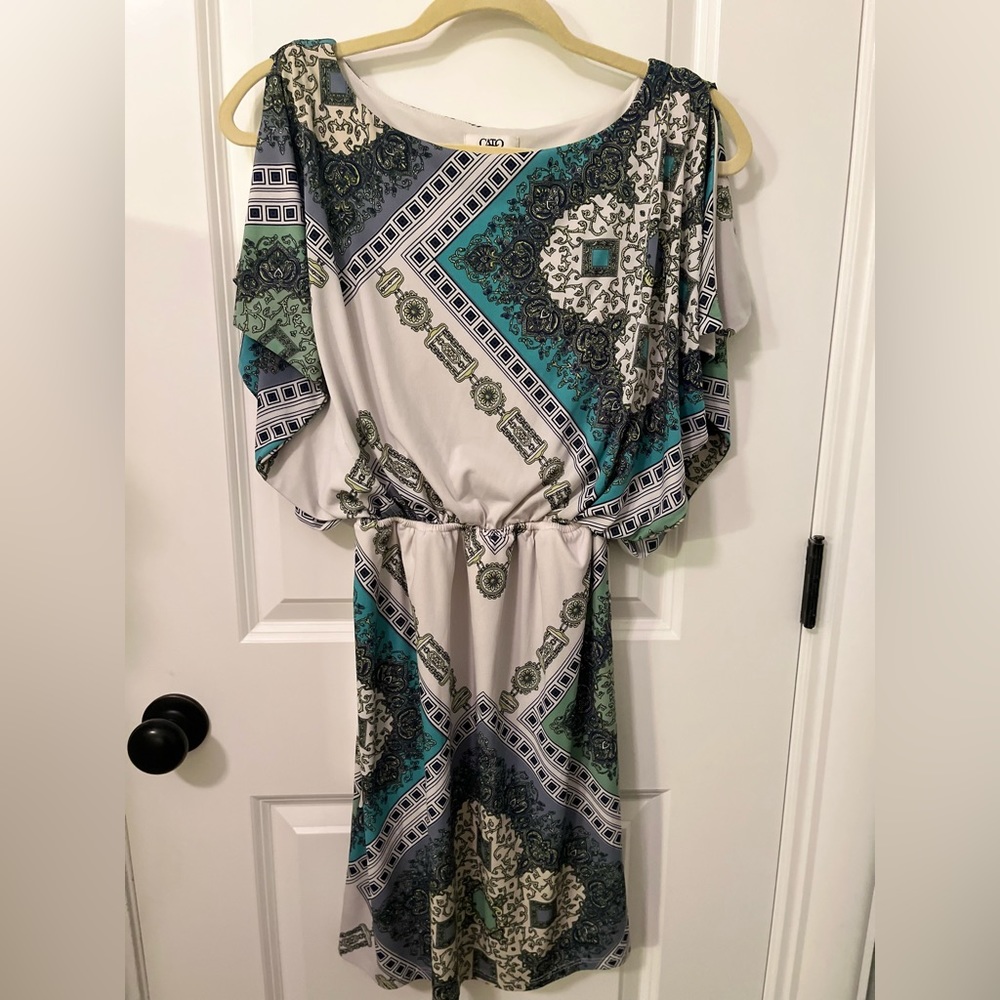 Cato Boho Dress full Lined with Slit Butterfly Sleeves. Ivory, Greens and Gray.